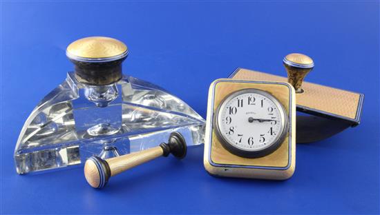 An early 20th century continental four piece 935 standard silver and guilloche enamel mounted desk set, inkwell 6.25in.